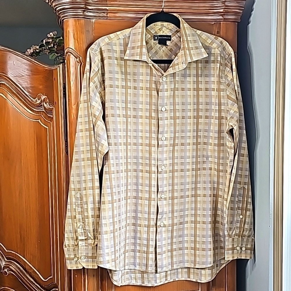 BACHRACH Mens long sleeve dress shirt‎ Preppy color plaid. Size large. NICE..
